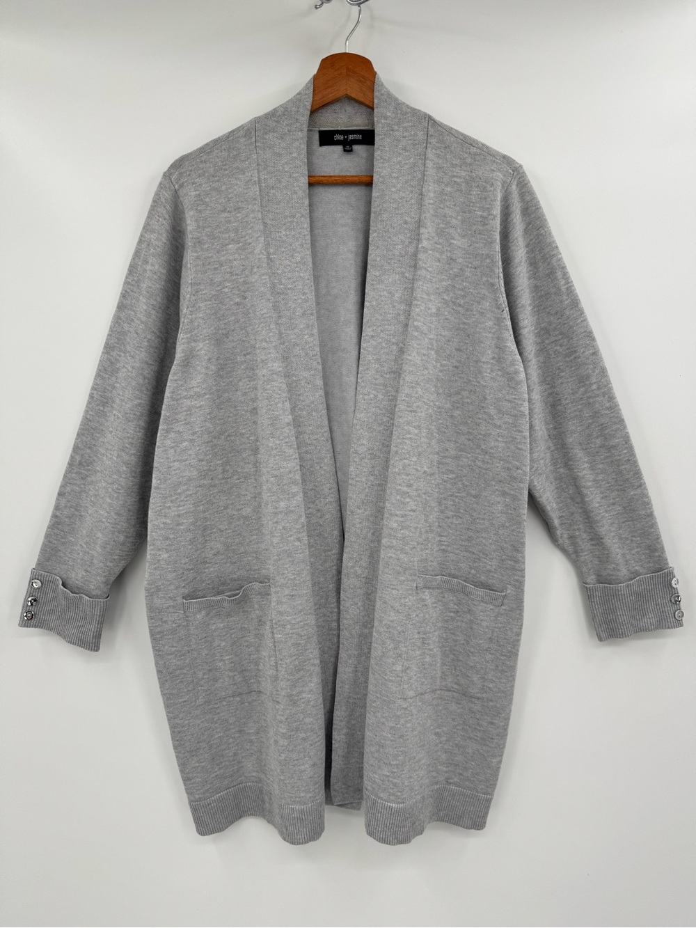 Chloe + Jasmine Gray Open Front Cardigan Sweater 1X Long Knit Pockets Casual
